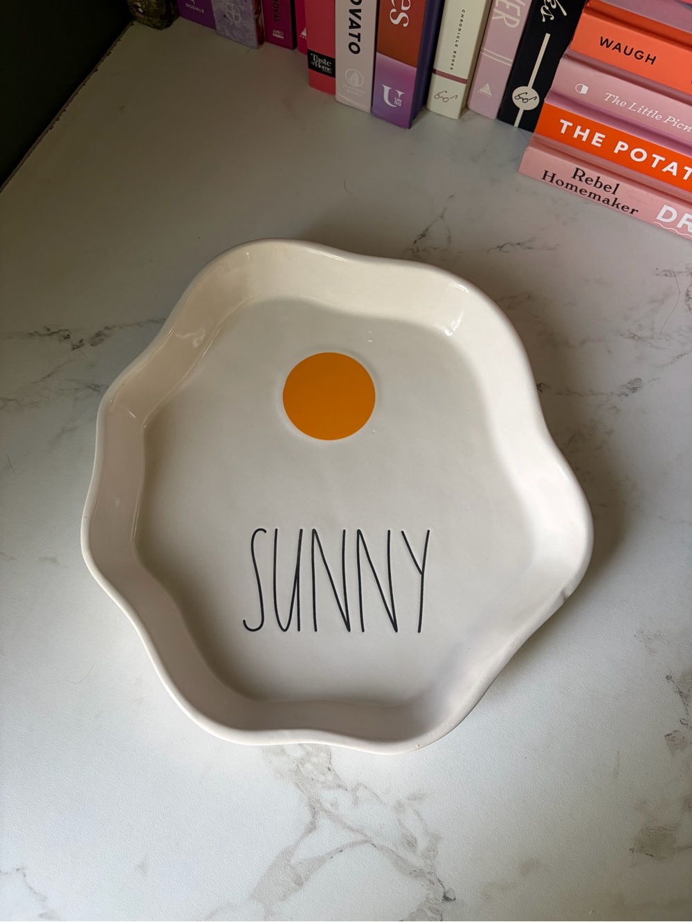 Rae Dunn Cream Ceramic 'SUNNY' Plate with Yellow Dot
